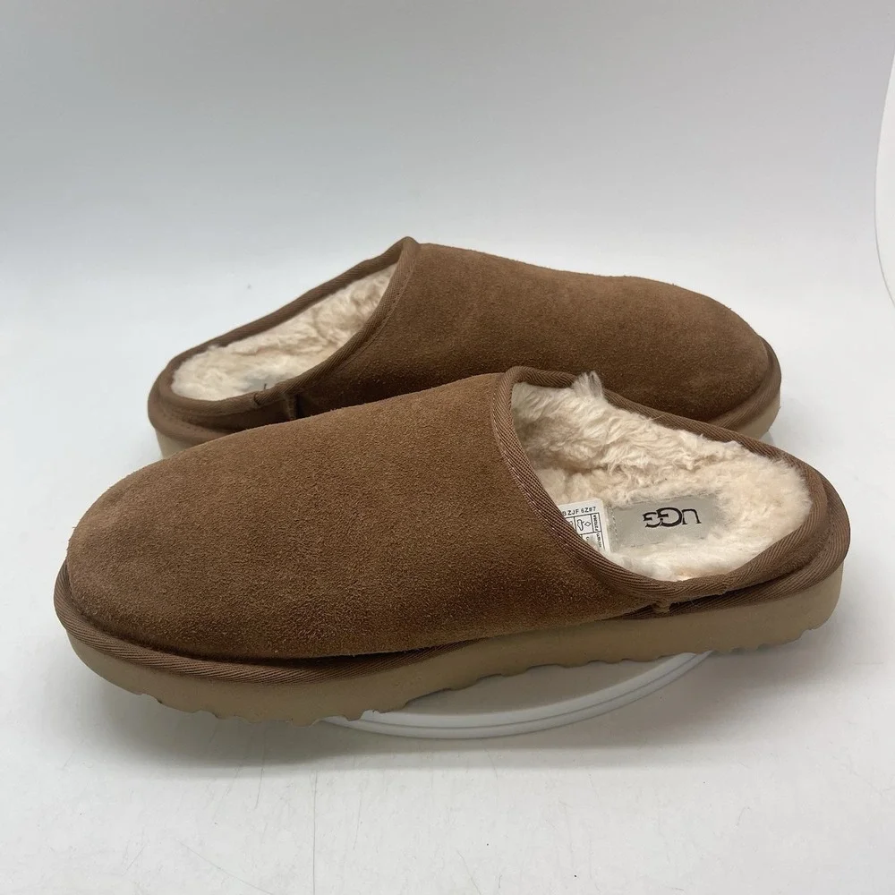 UGG Slippers Mens 9 Slip On Suede Brown Fur Lined‎ Comfort Casual 1129290 Shoes